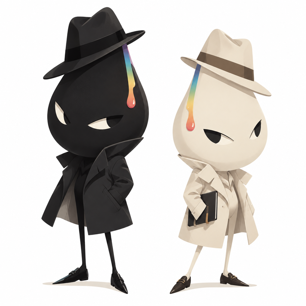 Two of the Driplins – small scouts in trench coats and fedoras, one dark and one light, each with a rainbow paint drip